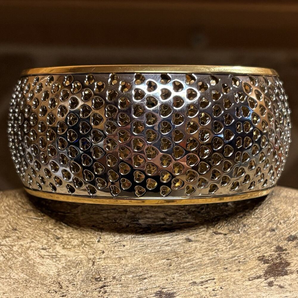 Stainless Steel Silver and Gold Wide Bangle Bracelet with Heart Cutouts by GM
